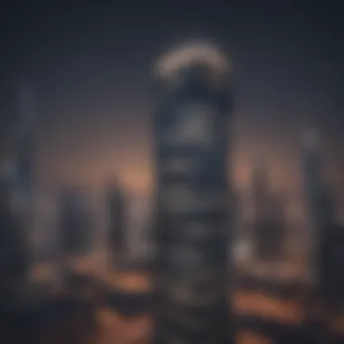 Night view of API Tower illuminated against the Dubai skyline.