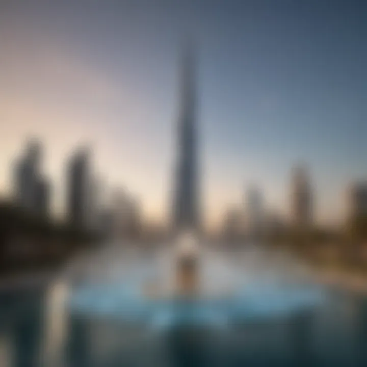 The Burj Khalifa Fountain show with the iconic skyline in the background