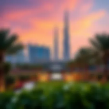 Panoramic view of Burj Park with Burj Khalifa in the background