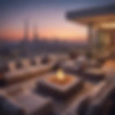 Luxurious rooftop lounge with city skyline view