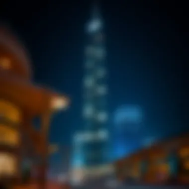 Night view of Damas Tower illuminated, reflecting Dubai's vibrant nightlife