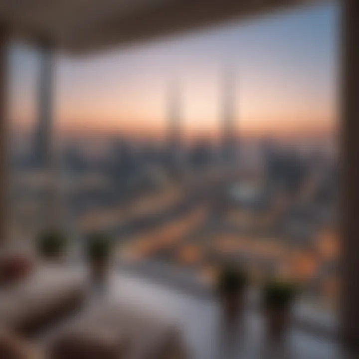 Stunning view of Dubai skyline from a furnished apartment balcony.