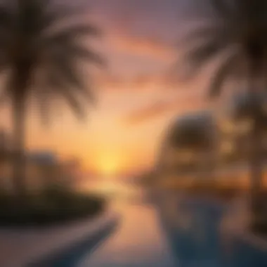 Beautiful sunset over the Palm Jumeirah, highlighting luxury homes and leisure activities