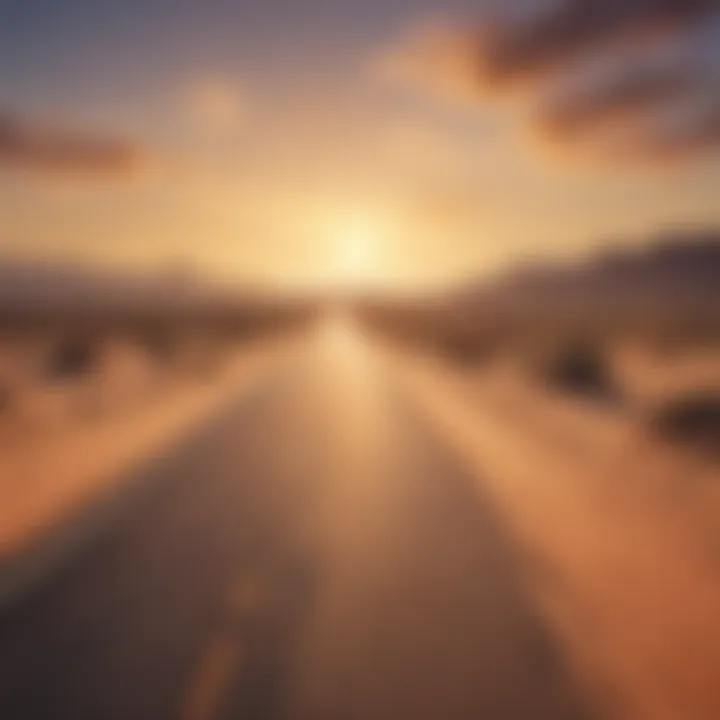 Scenic desert road with dunes in the background at sunset