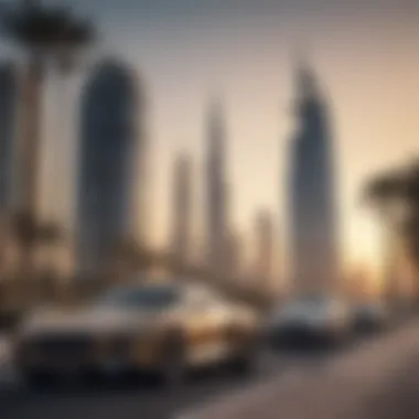 Modern skyline of Dubai with luxurious cars in the foreground