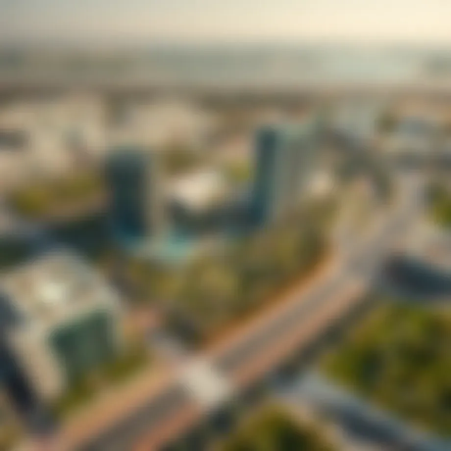 Aerial view of Sharjah Arada, showcasing the modern architecture and green spaces