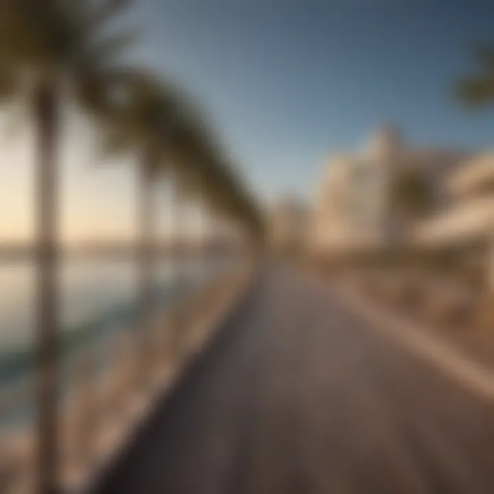 A panoramic view of the Boardwalk at Palm Jumeirah showcasing its stunning architecture and surrounding waters.