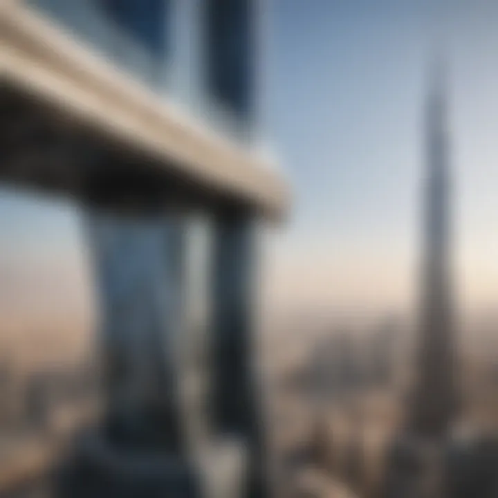 Architectural detail of the Burj Khalifa against the skyline