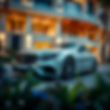 The Fusion of Luxury Car and Architecture Luxury car parked in front of a high-end building