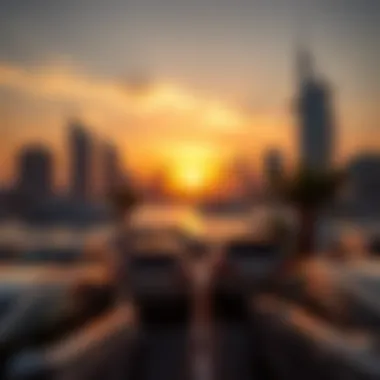 Sunset View over Dubai Marina with Parked Cars Breathtaking sunset view over Dubai Marina with parked cars