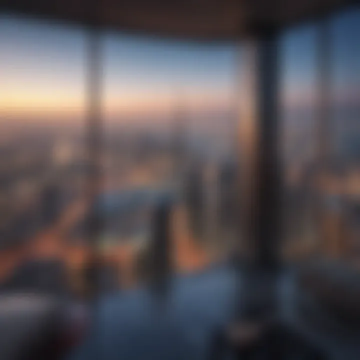 Panoramic view from a high floor in Renad Tower showing Dubai skyline