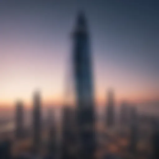 Exterior view of the Prism Tower showcasing its striking silhouette against the Dubai skyline